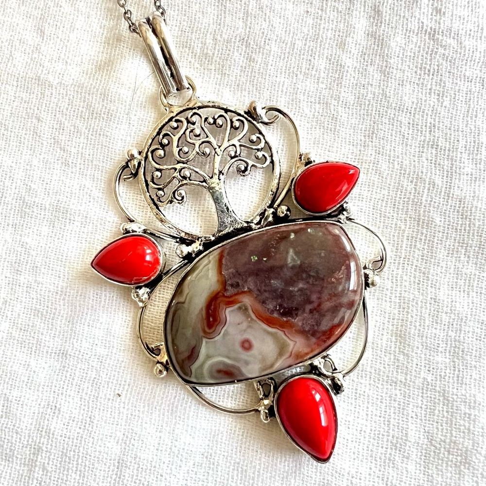 925 Mexican Crazy Lace Agate - Tree of Life Pendant Necklace